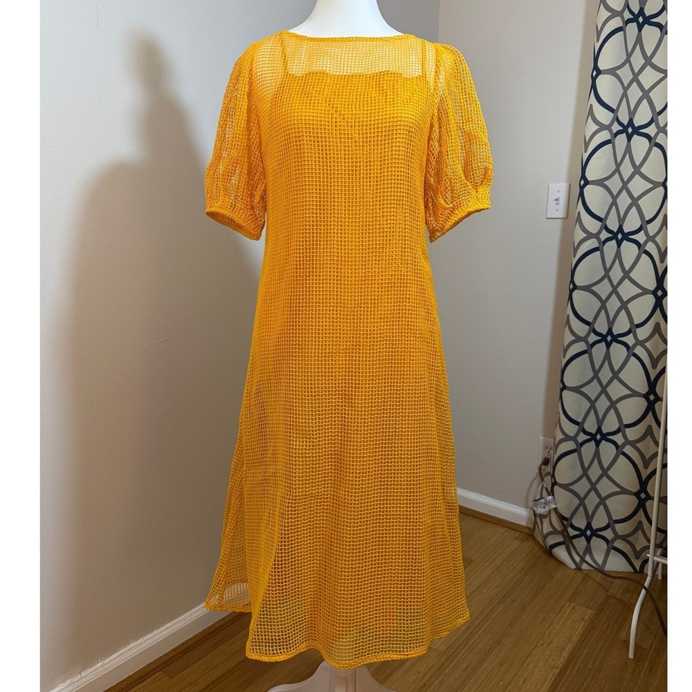 Erika Cavallini Mesh Midi Dress Women Mustard Yellow Excellent Italian Cotton S‎